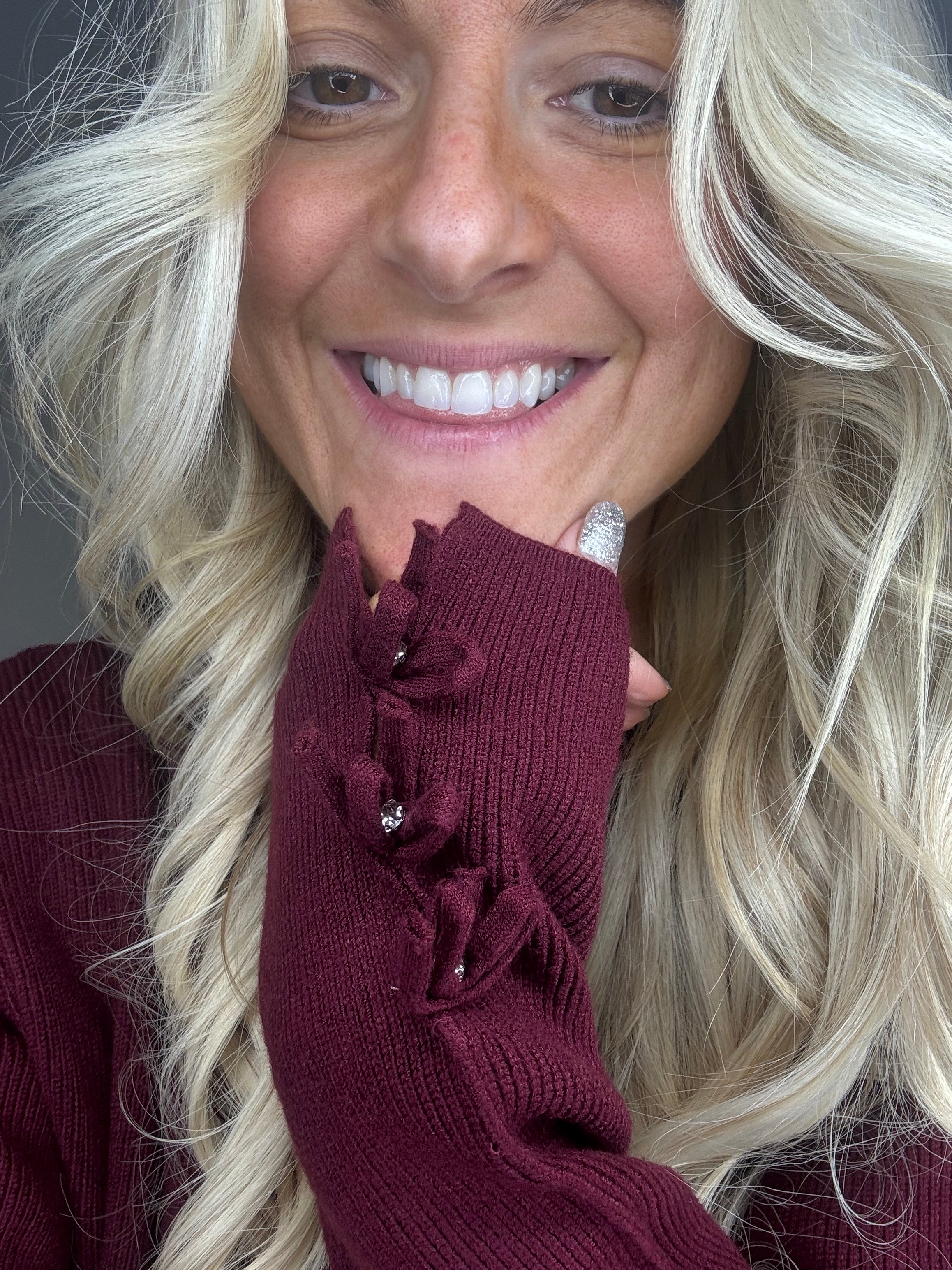 Sweet Trinity Burgundy Sparkle Details Cardigan